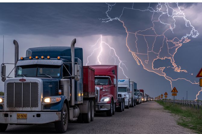 Container ship facing severe weather and warning icons over North America, representing supply chain and geopolitical risks affecting US-Mexico shipping