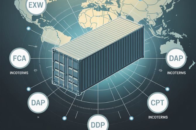 Shipping container surrounded by Incoterms such as EXW, FCA, DAP, DDP, and CPT, representing global freight logistics.