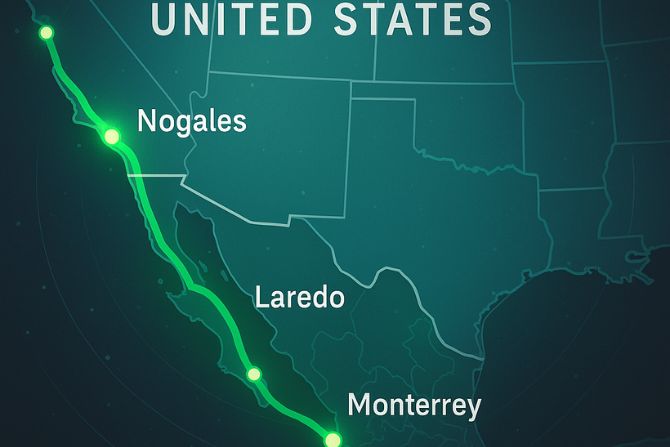 Map showing key U.S.–Mexico trade routes through Nogales, Laredo, and Monterrey — critical for Incoterms USA-Mexico shipping.