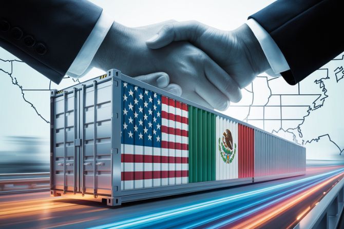 Handshake above a freight container with U.S. and Mexican flags, symbolizing trust and collaboration in USA–Mexico logistics.