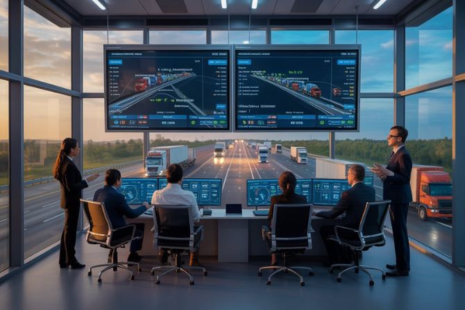 Logistics professionals monitoring real-time U.S.-Mexico cross-border shipping data in a modern operations center.