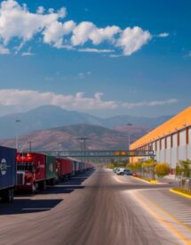 trucks in front of a warehouse