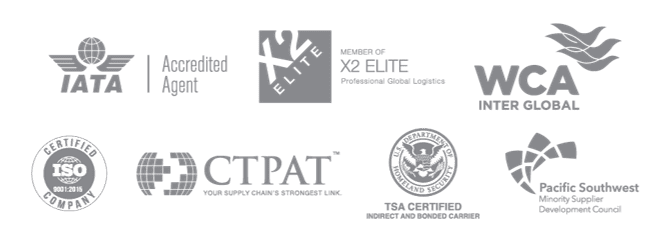 Logos of international logistics certifications and trade compliance organizations, representing quality standards, security, and regulatory compliance in global supply chains.